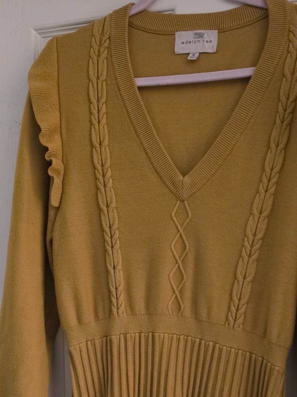 Adelyn Rae Hestia Pleated Sweater Dress Mustard Yellow Ruffle V-Neck Knit